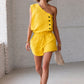 Vireous Cotton-Linen One-Shoulder Sleeveless Summer Top and Shorts Set