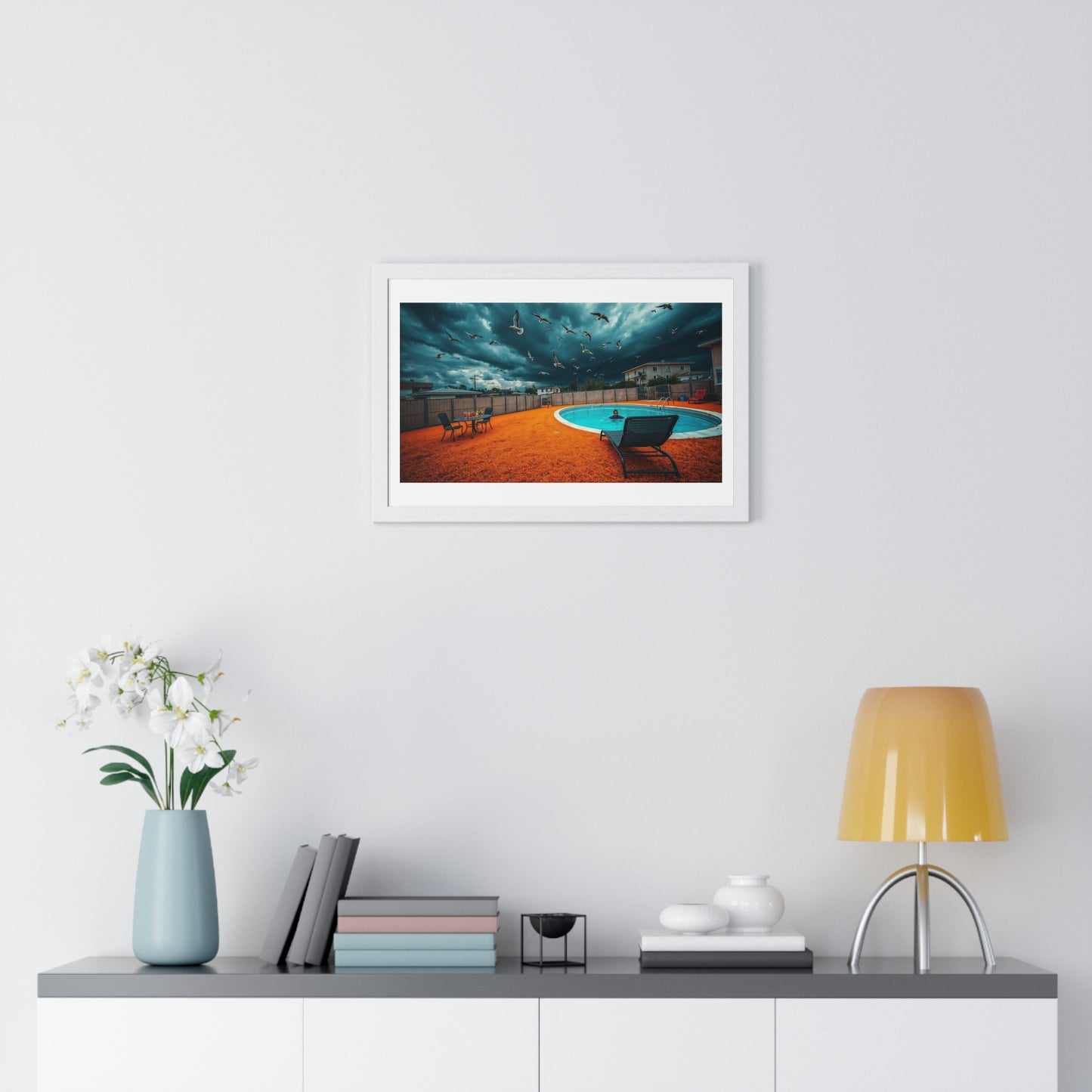 Dystopian Pool Scene Photorealistic Art Style 'Designed by AI' Framed Print