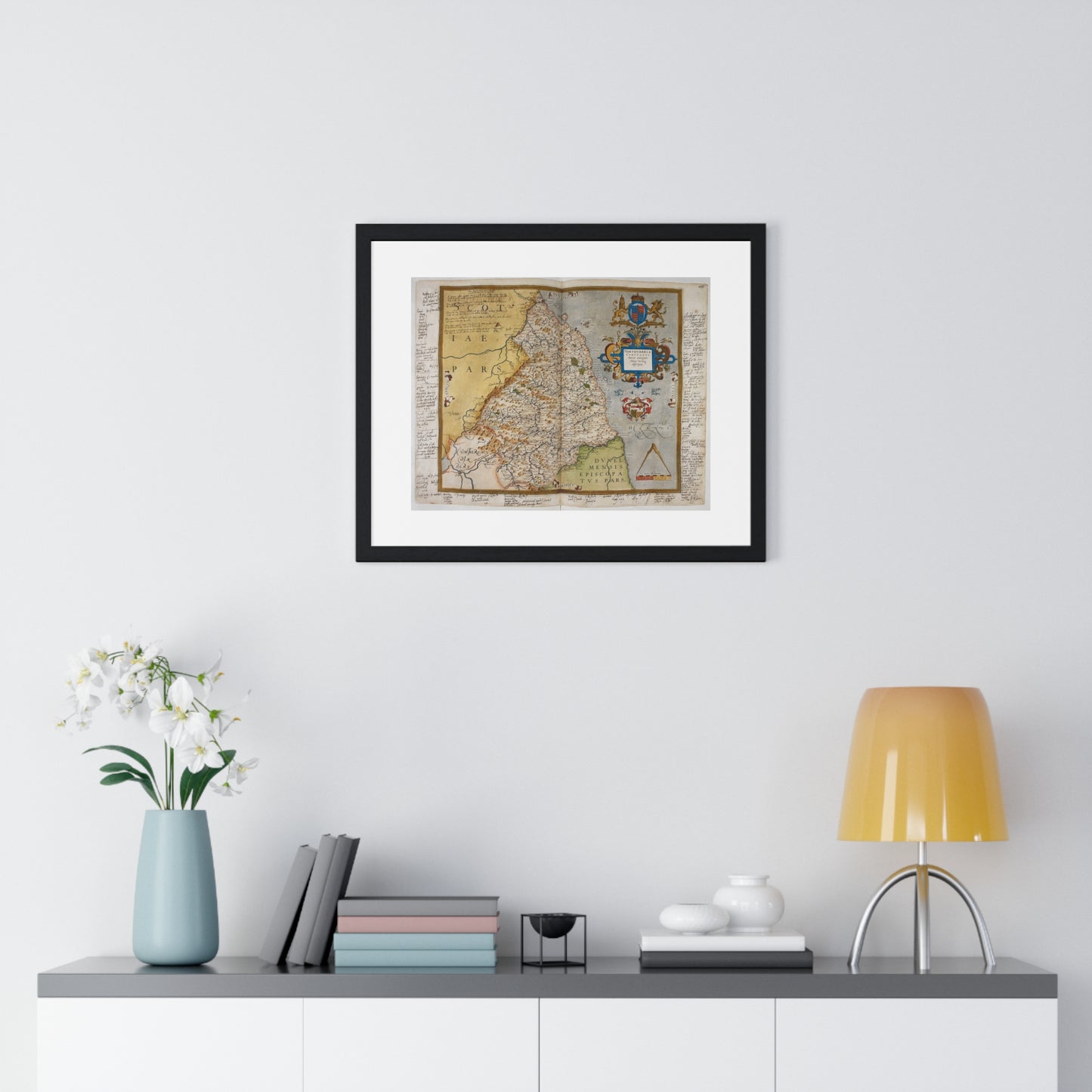 Tudor Antique Map of Northumberland from Lord Burghley's Atlas (1579) from the Original, Framed Print