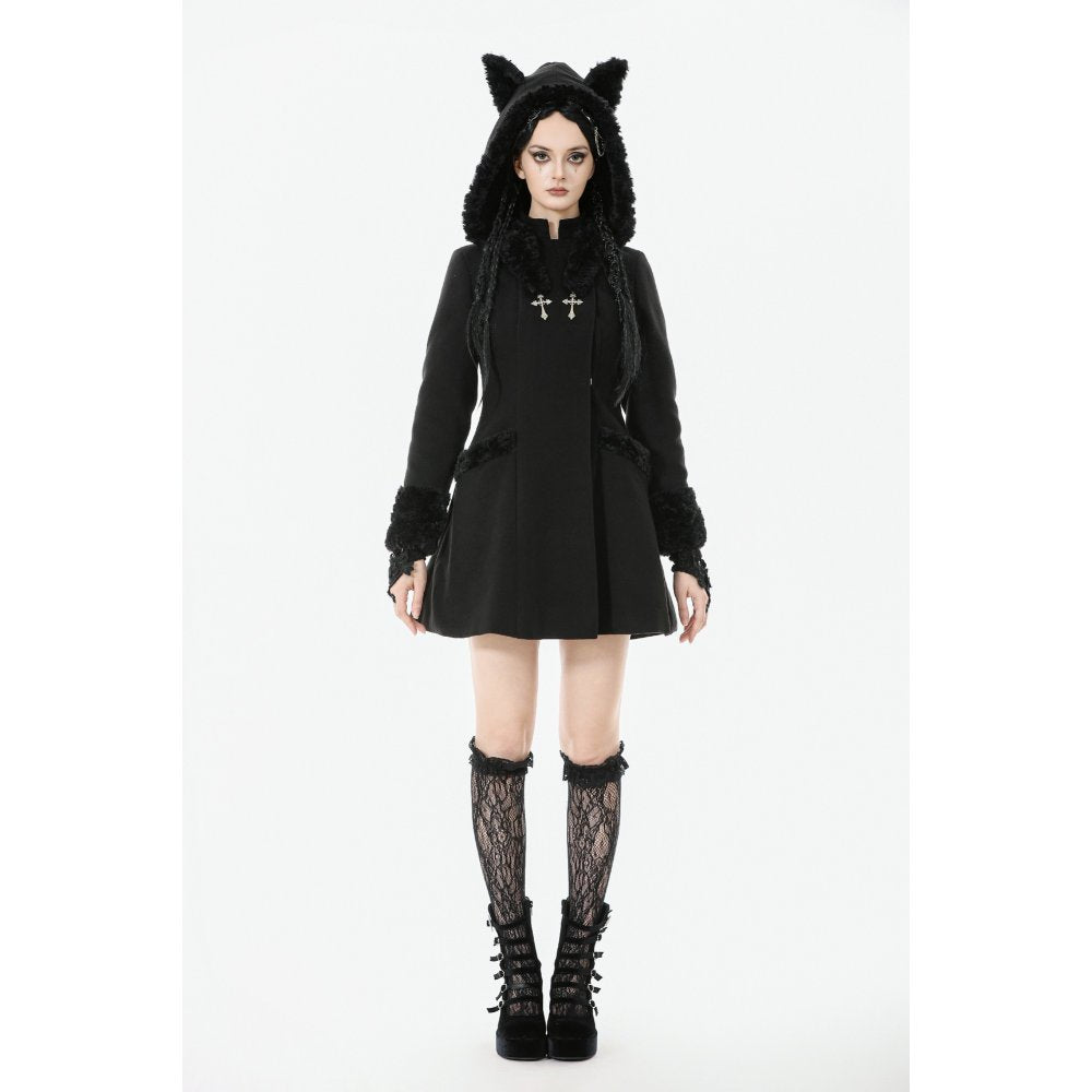 Dark in Love Cat-Ear Faux Fur-Trim Gothic Hooded Coat