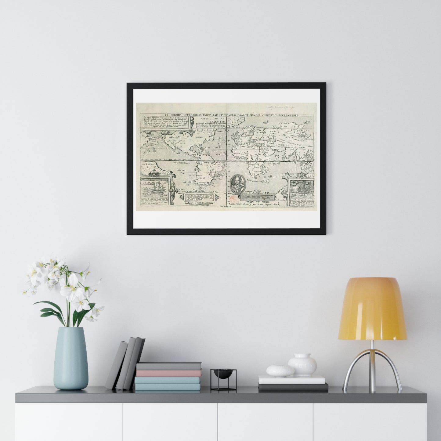 Francis Drake's World Voyage, Tudor Antique Map (circa 1581) from the Original, Framed Print