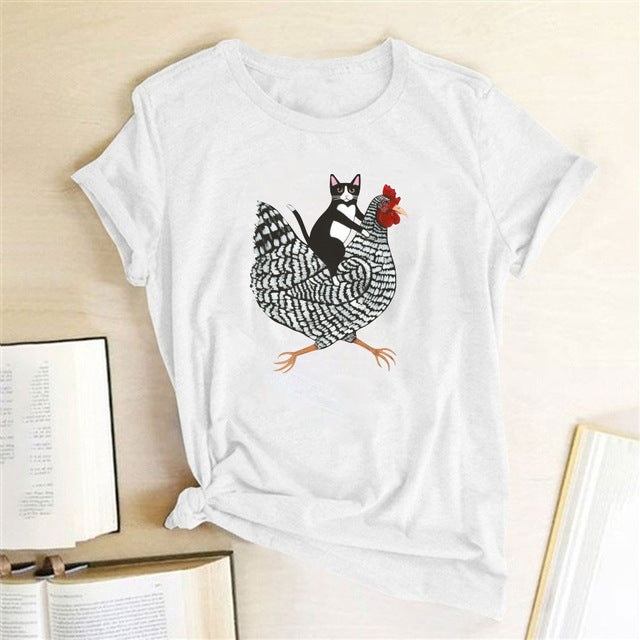 Cat Riding Chicken Print, Funny Women's T-Shirt