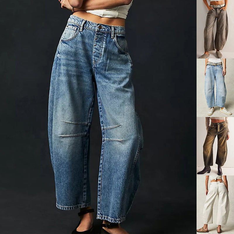 High-Stretch Mid-Rise Barrel Jeans, Fashion Wide Leg Women's Jeans