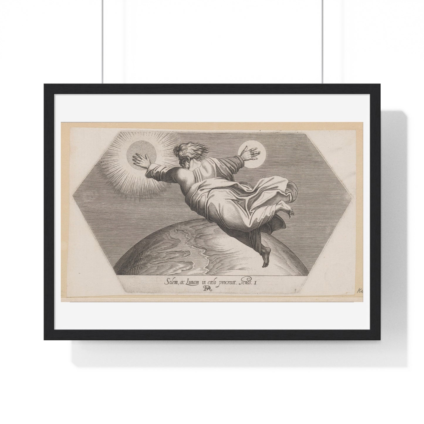 God Schept de Zon en de Maan (1626) by Francesco Villamena and Rafaël, from the Original, Framed Art Print