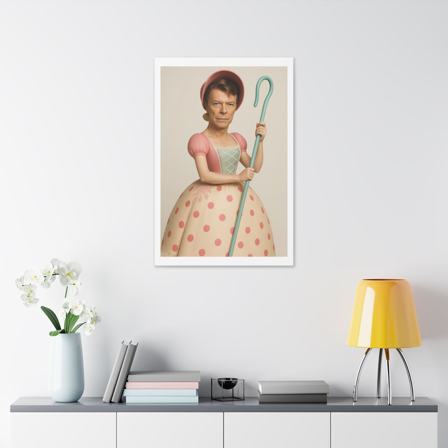 Little Bowie Peep, Absurdist Art 'Designed by AI' Satin Canvas Print