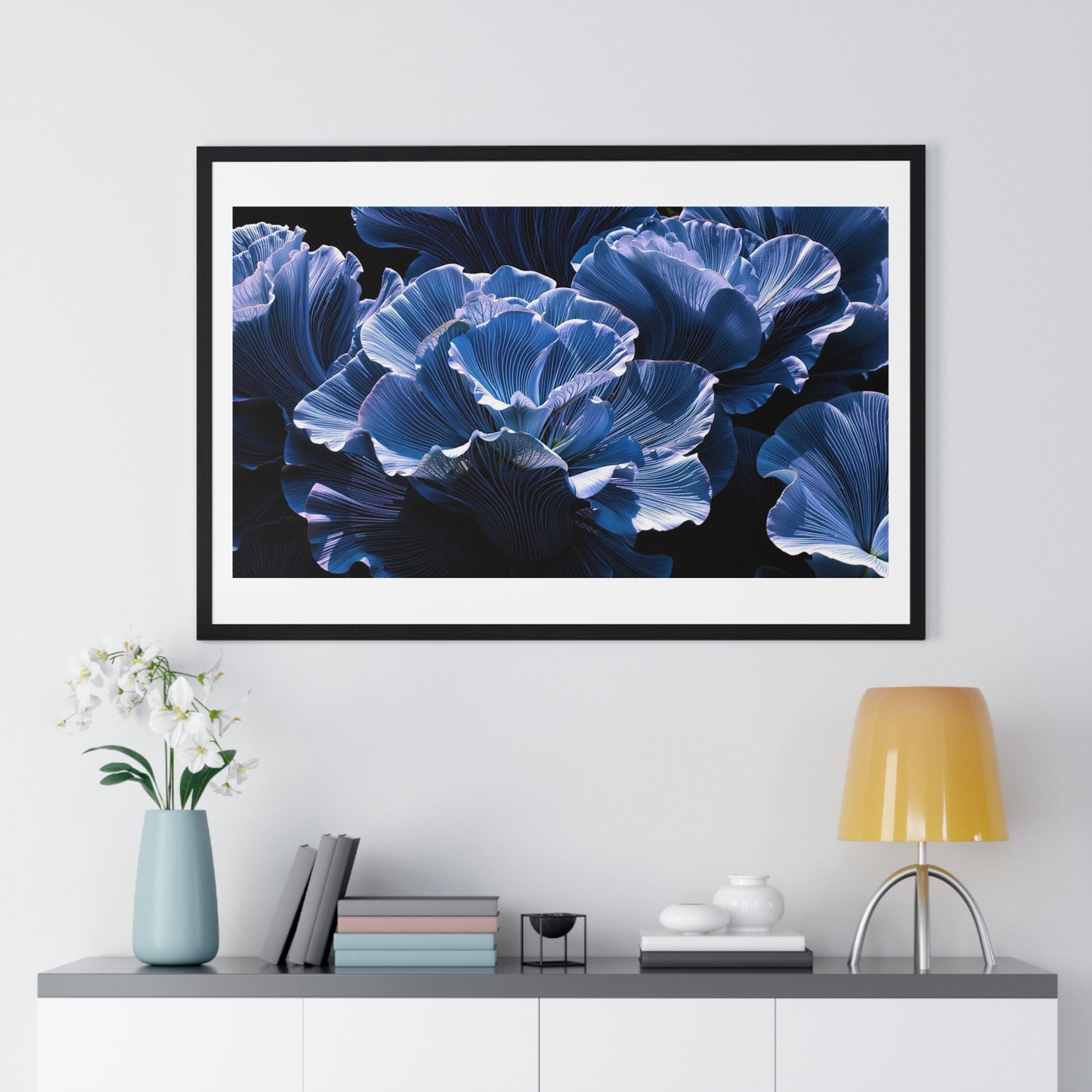 Iris Petals, Blue Vibrant Art 'Designed by AI' Framed Print