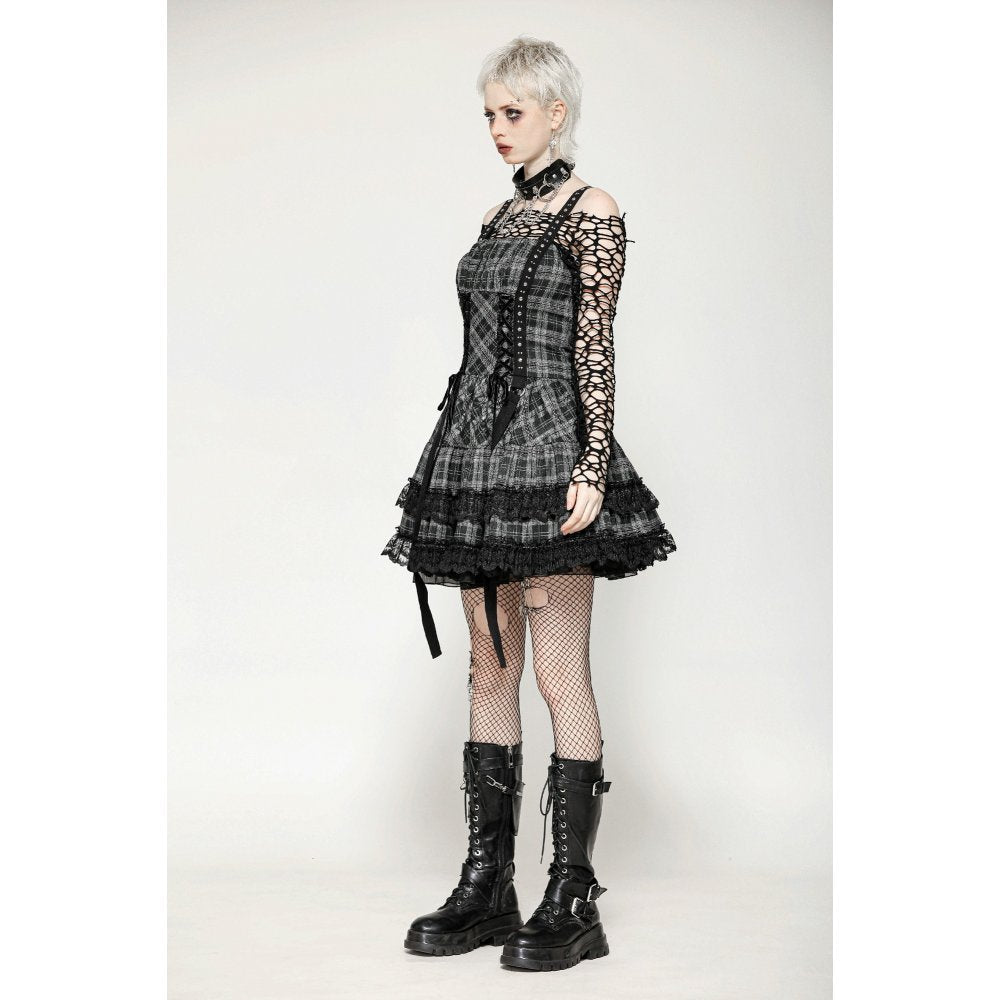 Dark in Love Ida Punk Grey Tartan Metal-Studded Dress