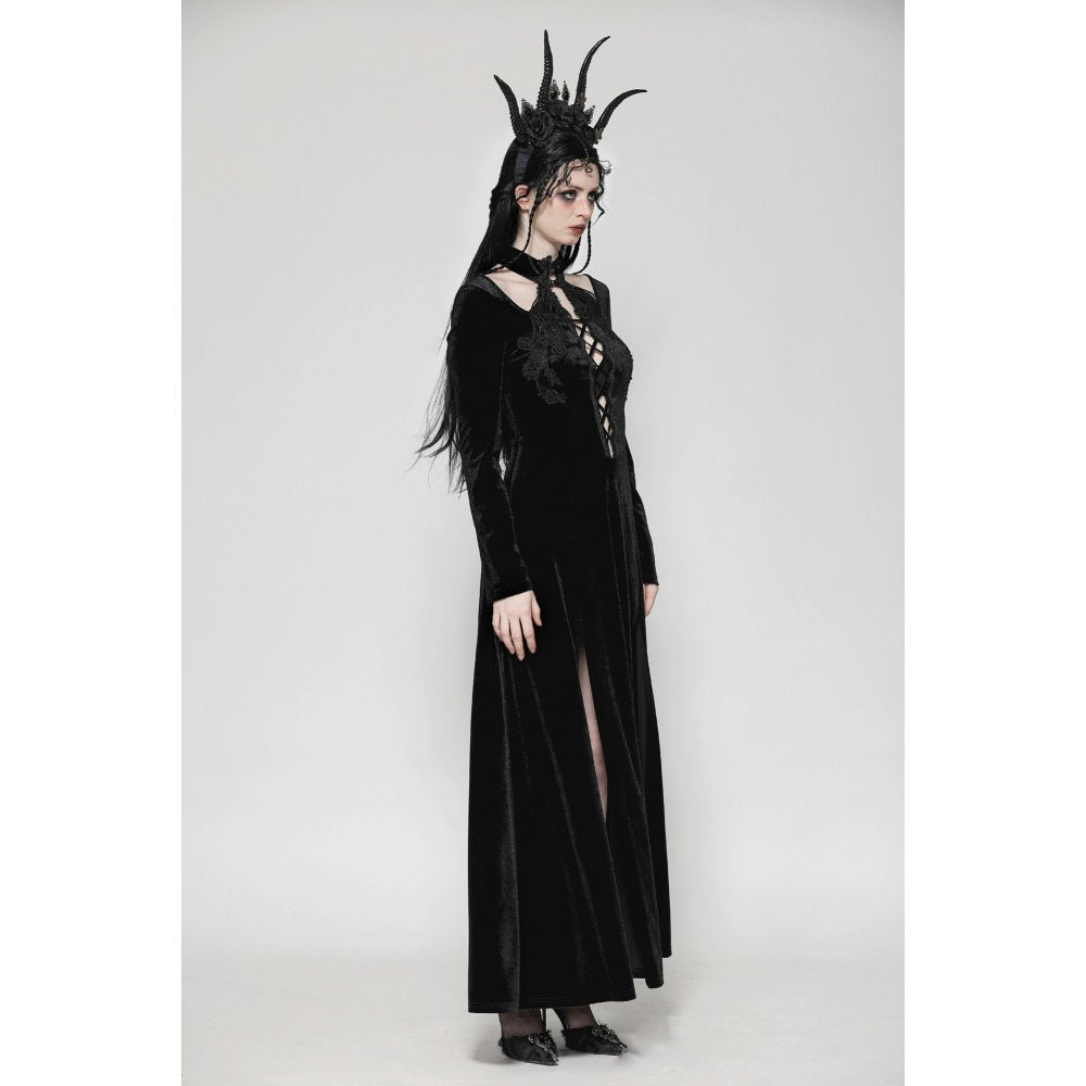 Dark in Love Vera Gothic Velvet High-Slit Maxi Dress with Hollow Neckline, Embroidered Buttons