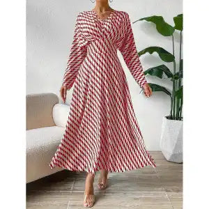 Vireous Geometric Print Long-Sleeve Cinched-Waist Elegant Dress