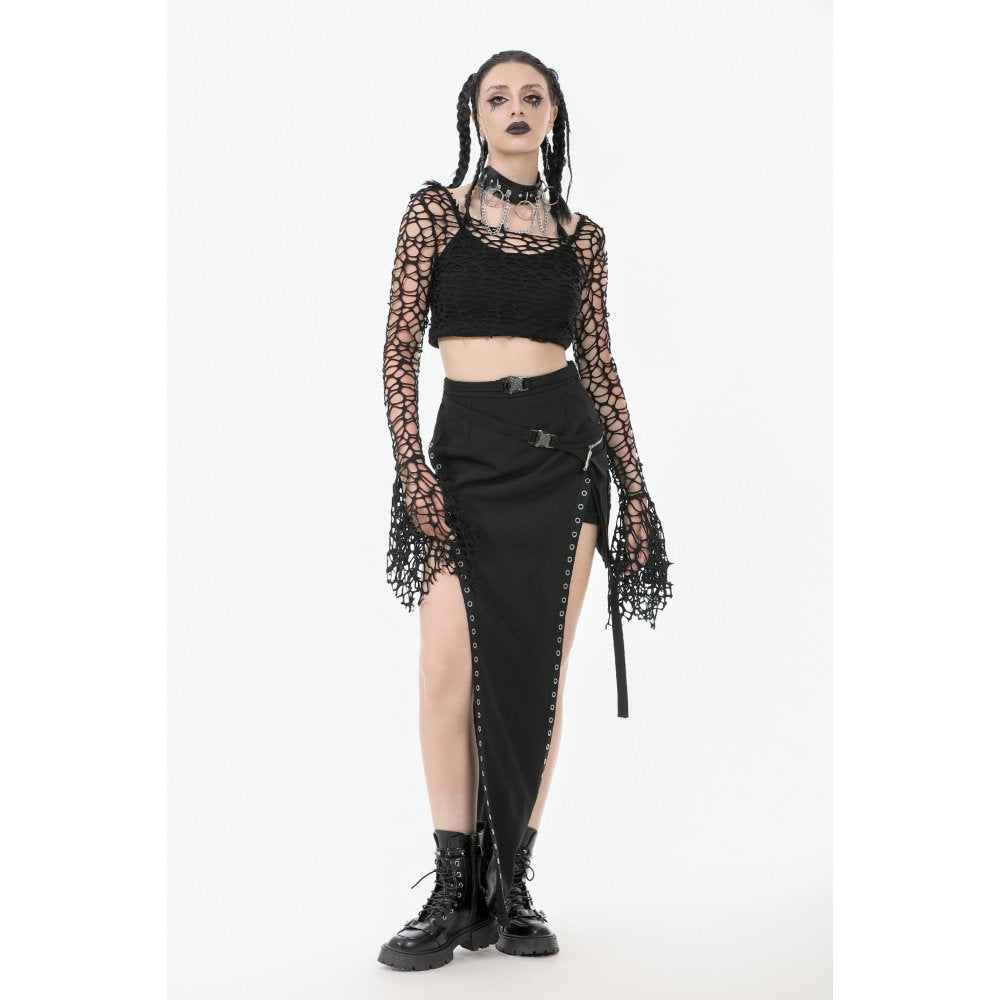 Dark in Love Morana Mesh Crochet-Knit Bell Sleeve Crop Top