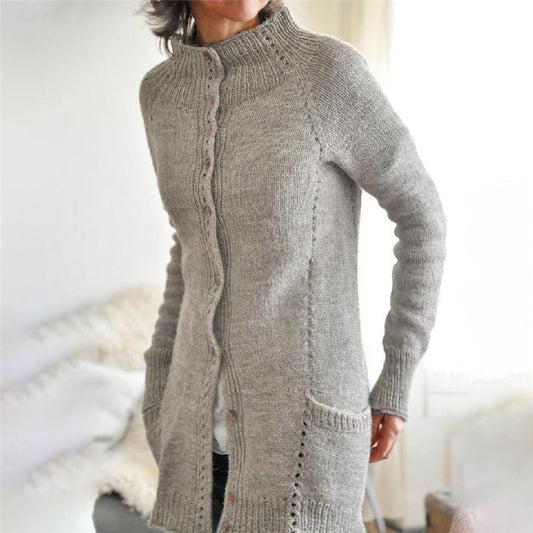 Vireous Women's High-Neck Urban Casual Woollen Long Cardigan