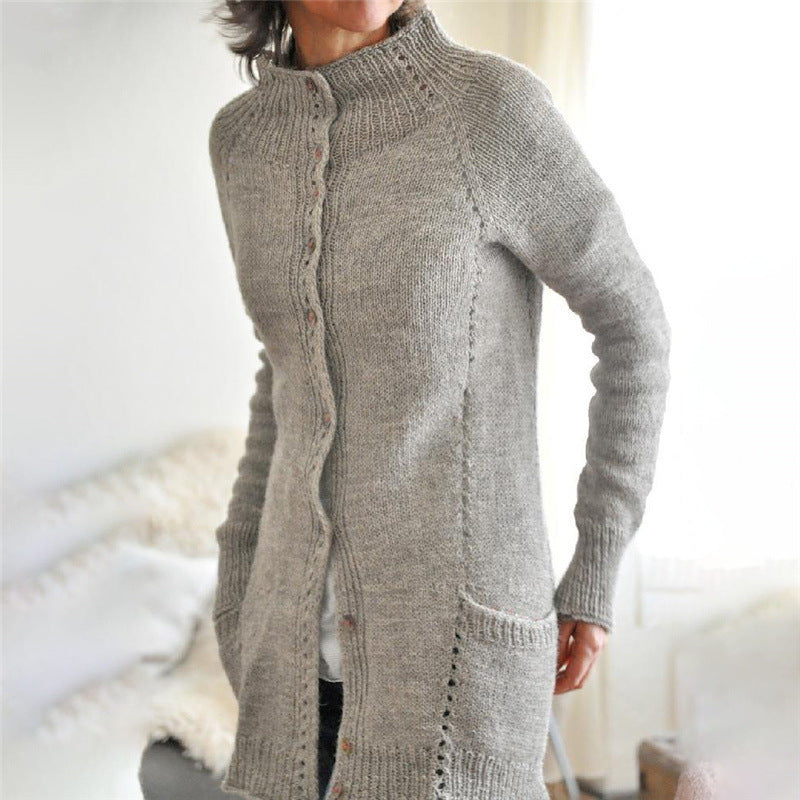 Vireous Women's High-Neck Urban Casual Woollen Long Cardigan