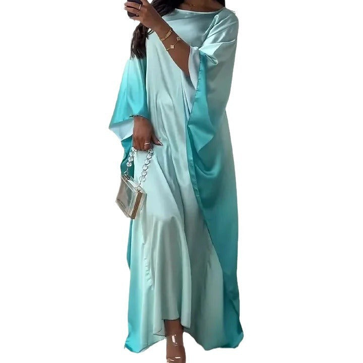 Graduated Colour Silk Satin Evening Gown, Long Sleeve Lightweight Maxi Dress