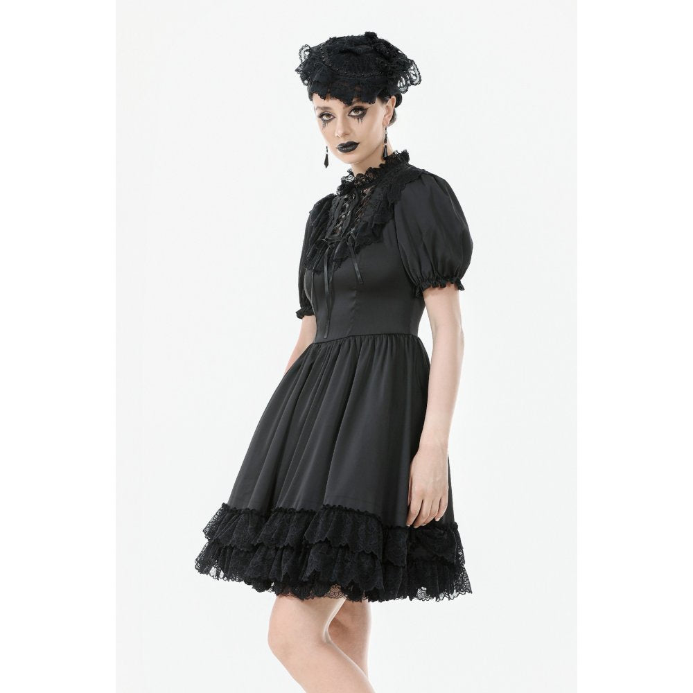 Dark in Love Belladonna Lace-Up High Collar Puff Sleeve Goth Dress, Plus Sizes