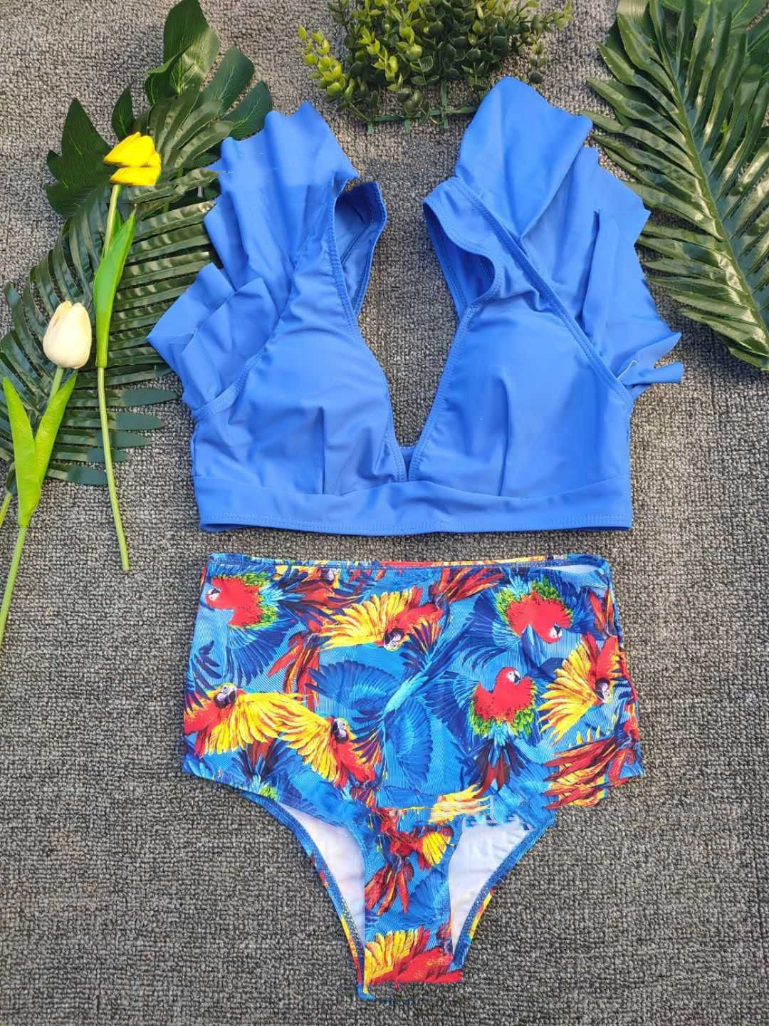 Ruffles Two-Piece Swimsuit, Printed Split Bikini Women's Swimwear