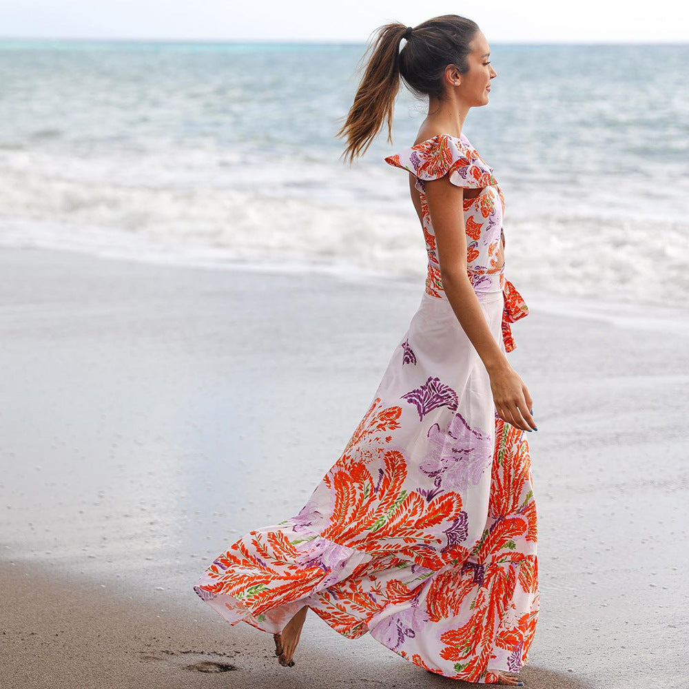 Vireous Ruffle One-Piece Swimsuit with Matching Lightweight Maxi Dress