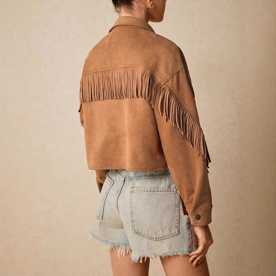 Vireous Women's Faux Suede Long Sleeve Tassel-Trimmed Casual Jacket