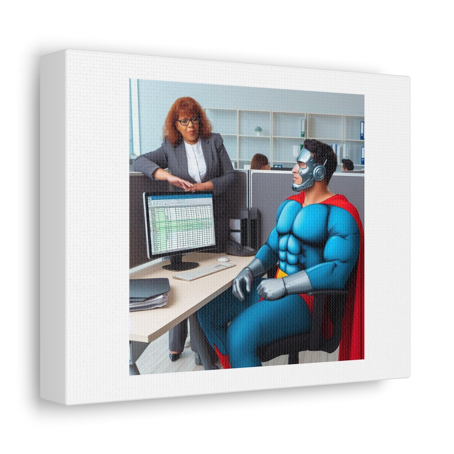 Crime Doesn't Pay, Neither Does Crime Fighting. Superheros At Their Day Jobs 'Designed by AI' Art Print on Canvas