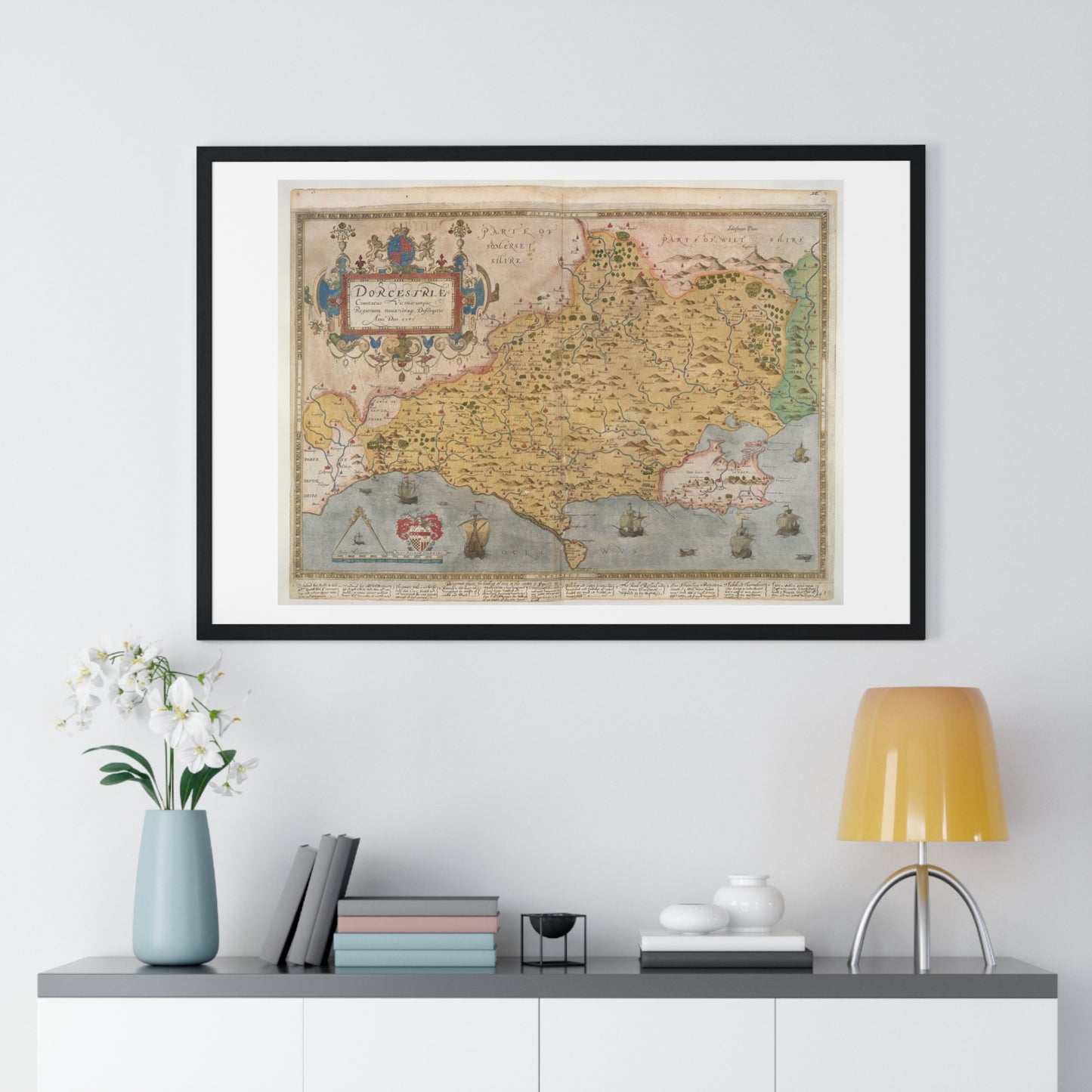 Tudor Antique Map of Dorset from Lord Burghley's Atlas (1579) from the Original, Framed Print