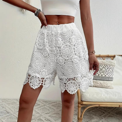 Women's White Lace-Embroidered Elastic-Waist Shorts, Plus Sizes