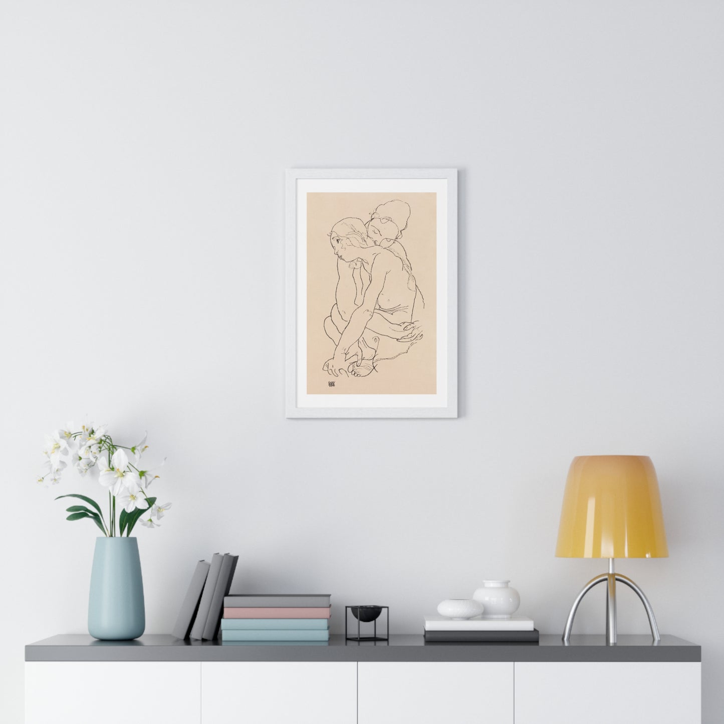 Woman and Girl Embracing (1918) by Egon Schiele, from the Original, Framed Art Print