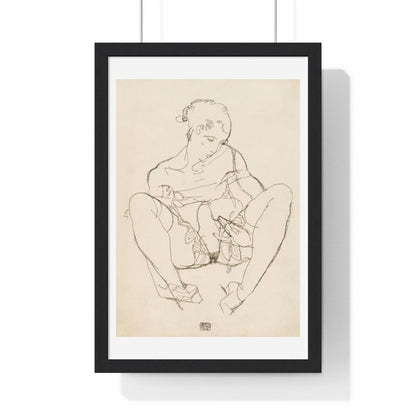 Seated Woman in Chemise (1914) Line Art Drawing by Egon Schiele, from the Original, Framed Print