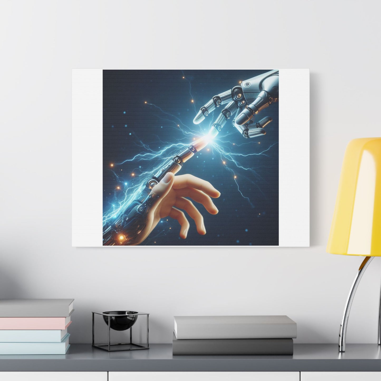 Robot and Human in Michelangelo's 'Creation of Adam' III, Art Print 'Designed by AI' on Canvas