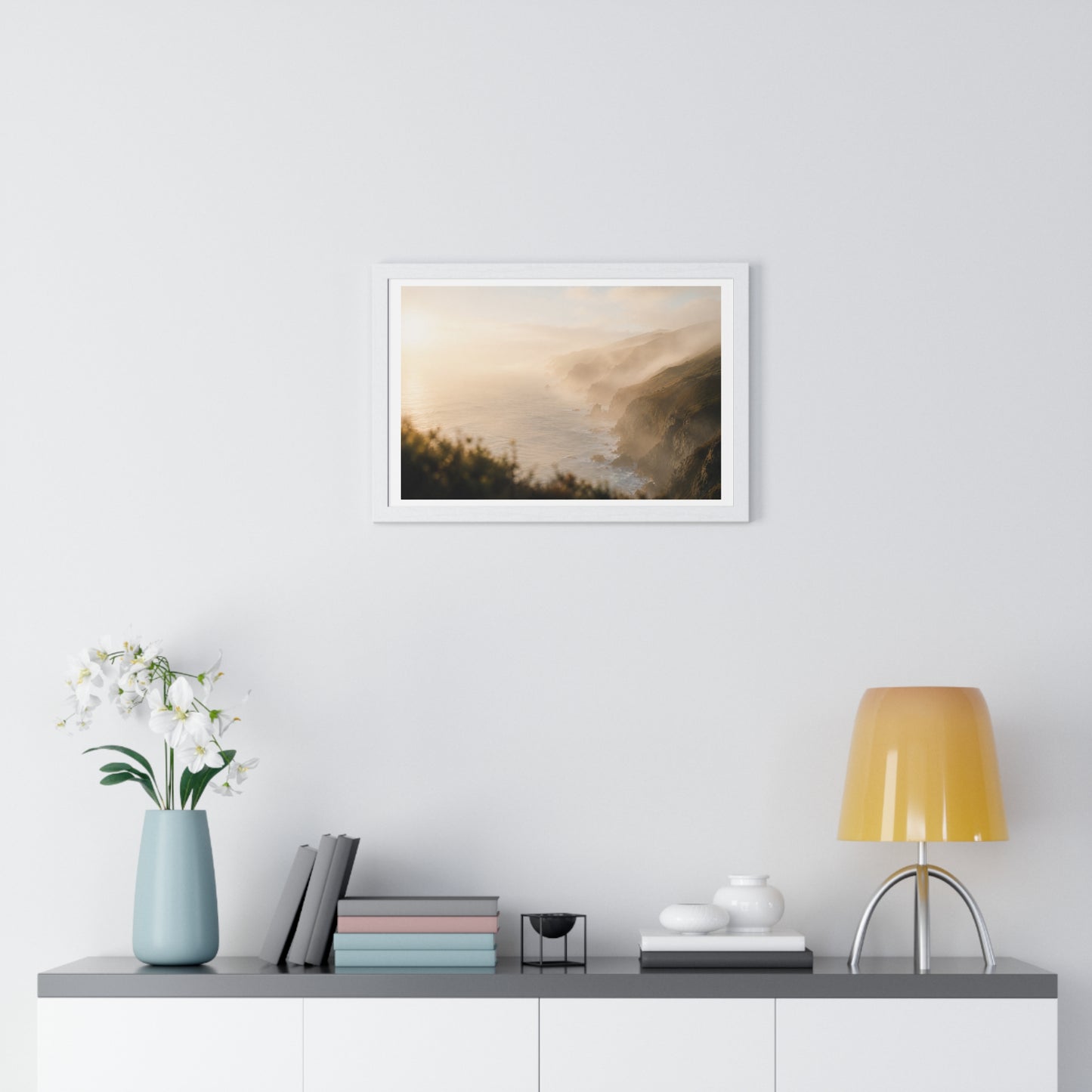 Golden Hour Coastal Mist and Cliffs, Landscape Art Framed Print
