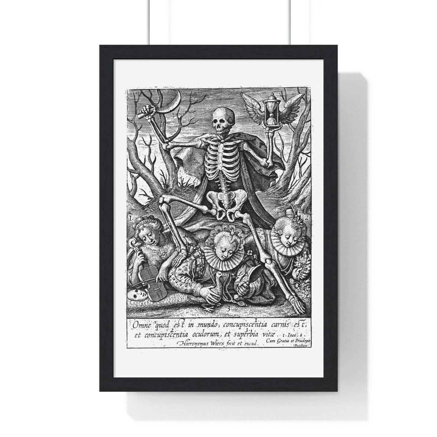Death Tramples on Three Female Allegorical Figures Representing Sensual Pleasures, Etching by Hieronymus Wierix, Vintage Framed Print