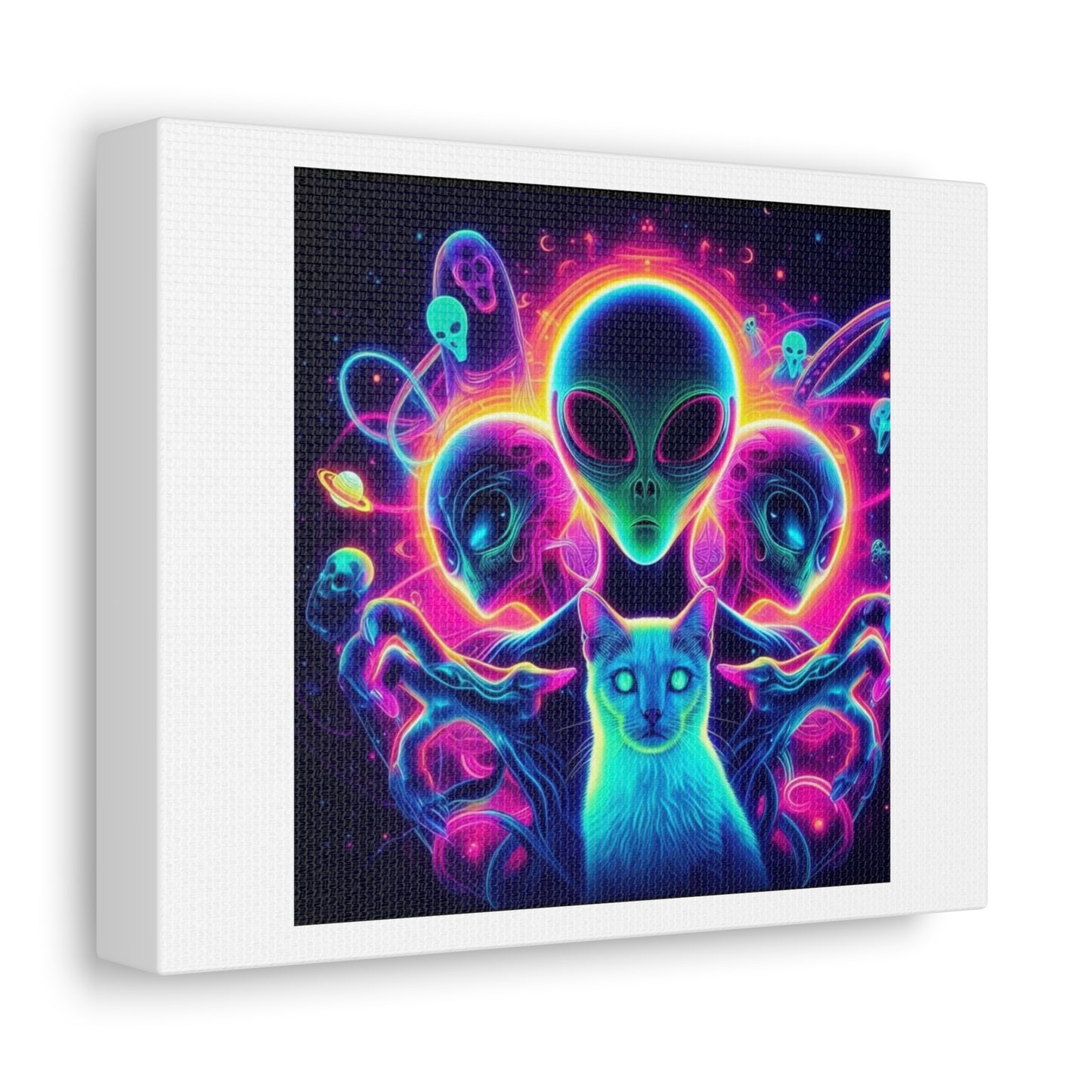 Psychedelic Aliens and Their Cat Master 'Designed by AI' Art Print on Canvas