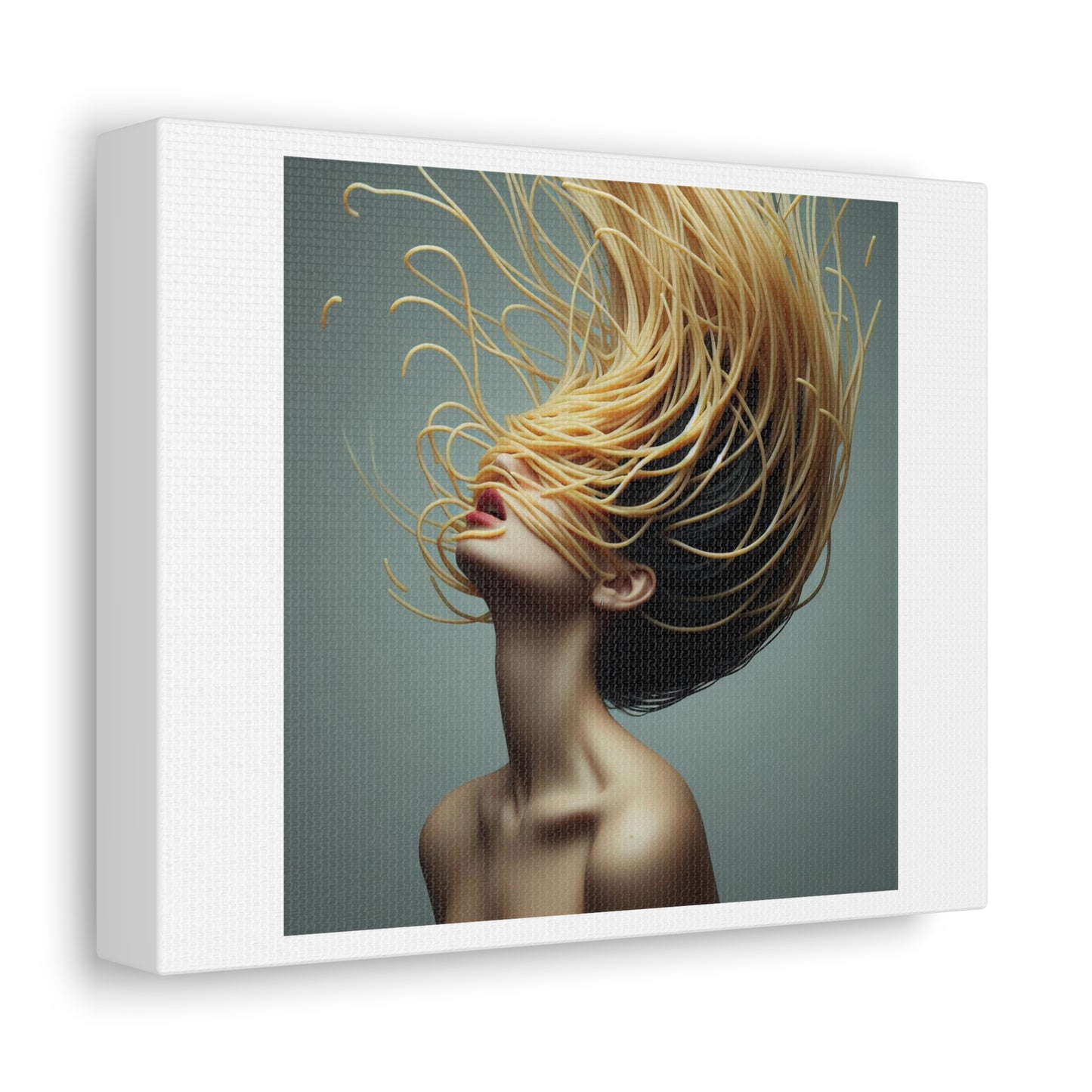 Woman with Spaghetti Hair, Art Print 'Designed by AI' on Canvas