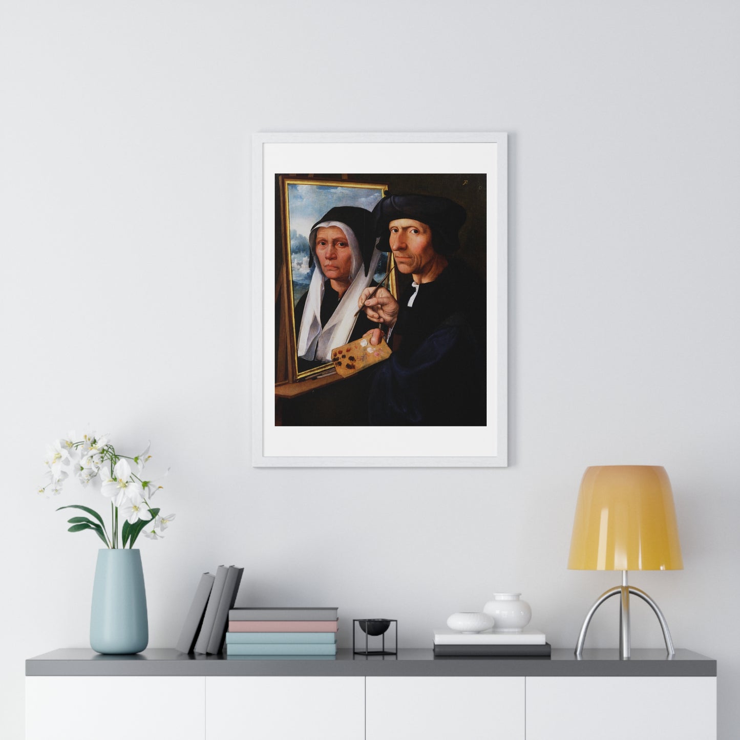Jacob Cornelisz van Oostsanen Painting a Portrait of His Wife (circa 1550) by Dirck Jacobsz, from the Original, Framed Print