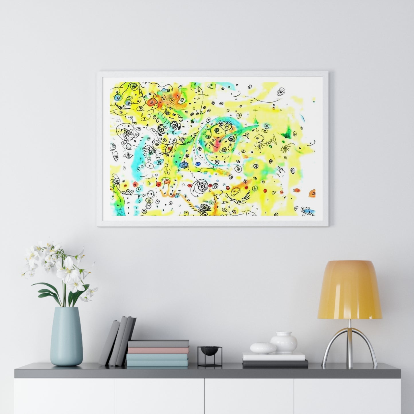 Yellow Scatter Pattern, Abstract Large Wall Art, Framed Print