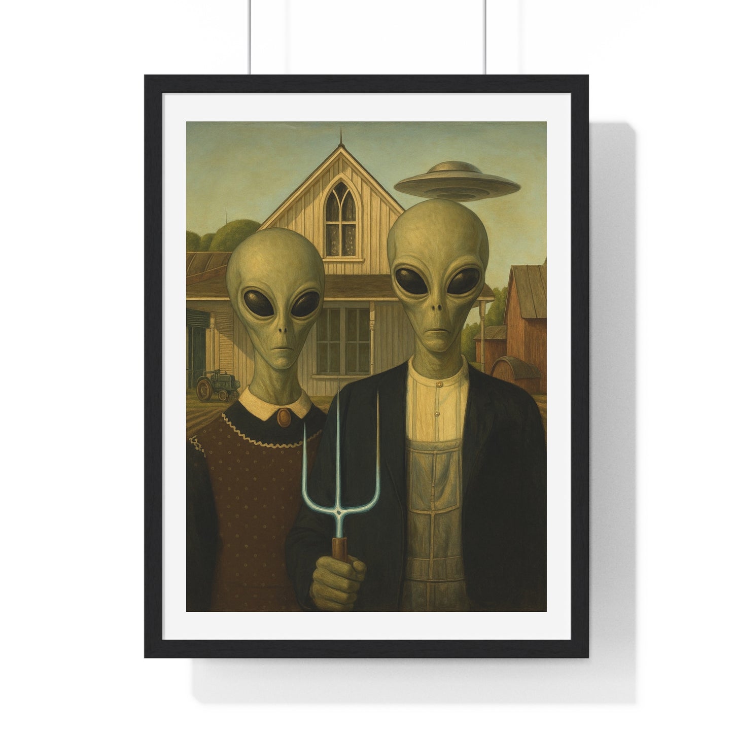 American Gothic Remixed, Midwestern American Aliens 'Designed by AI', Framed Art Print