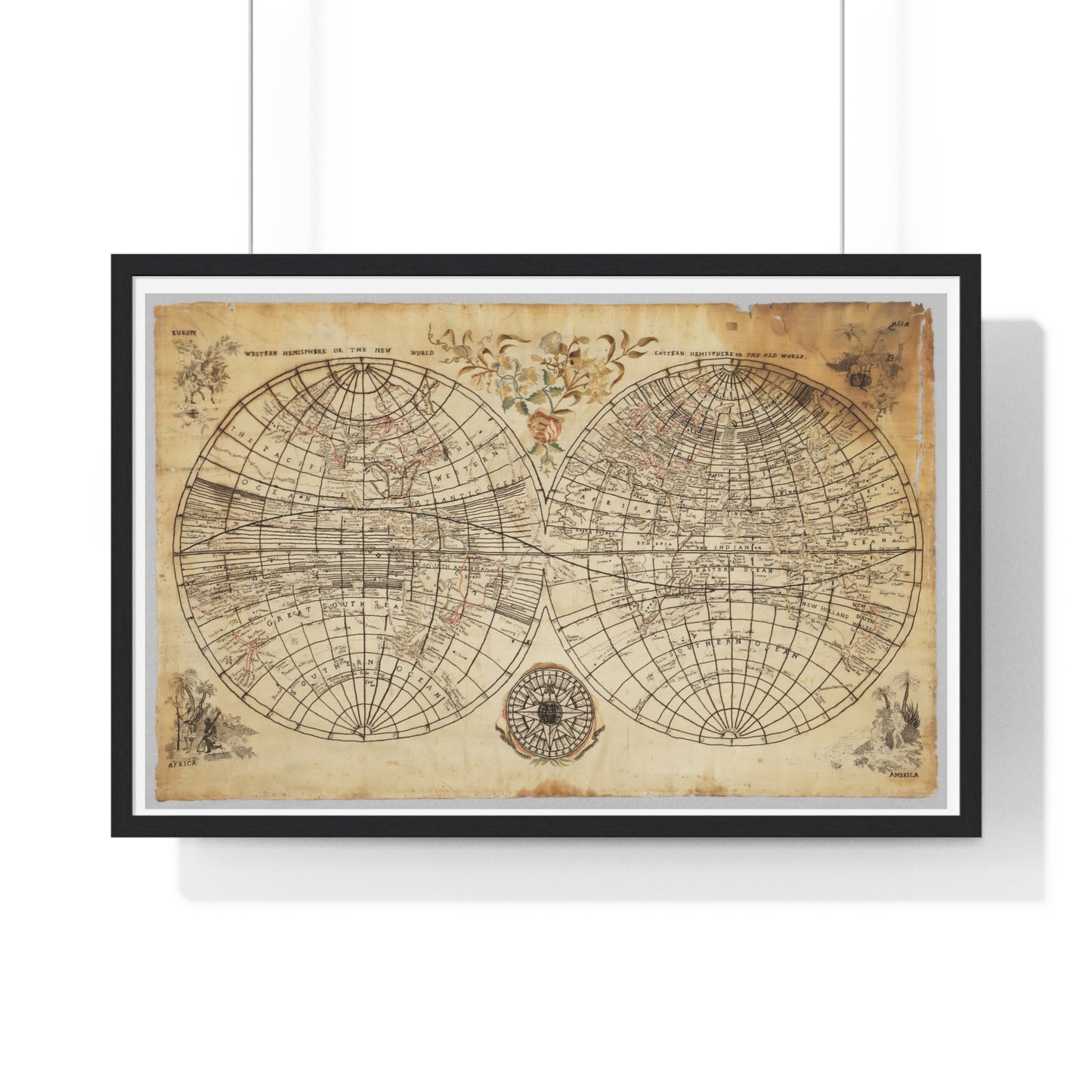 Antique Textile World Map Sampler (1790s) from the Original, Framed Print