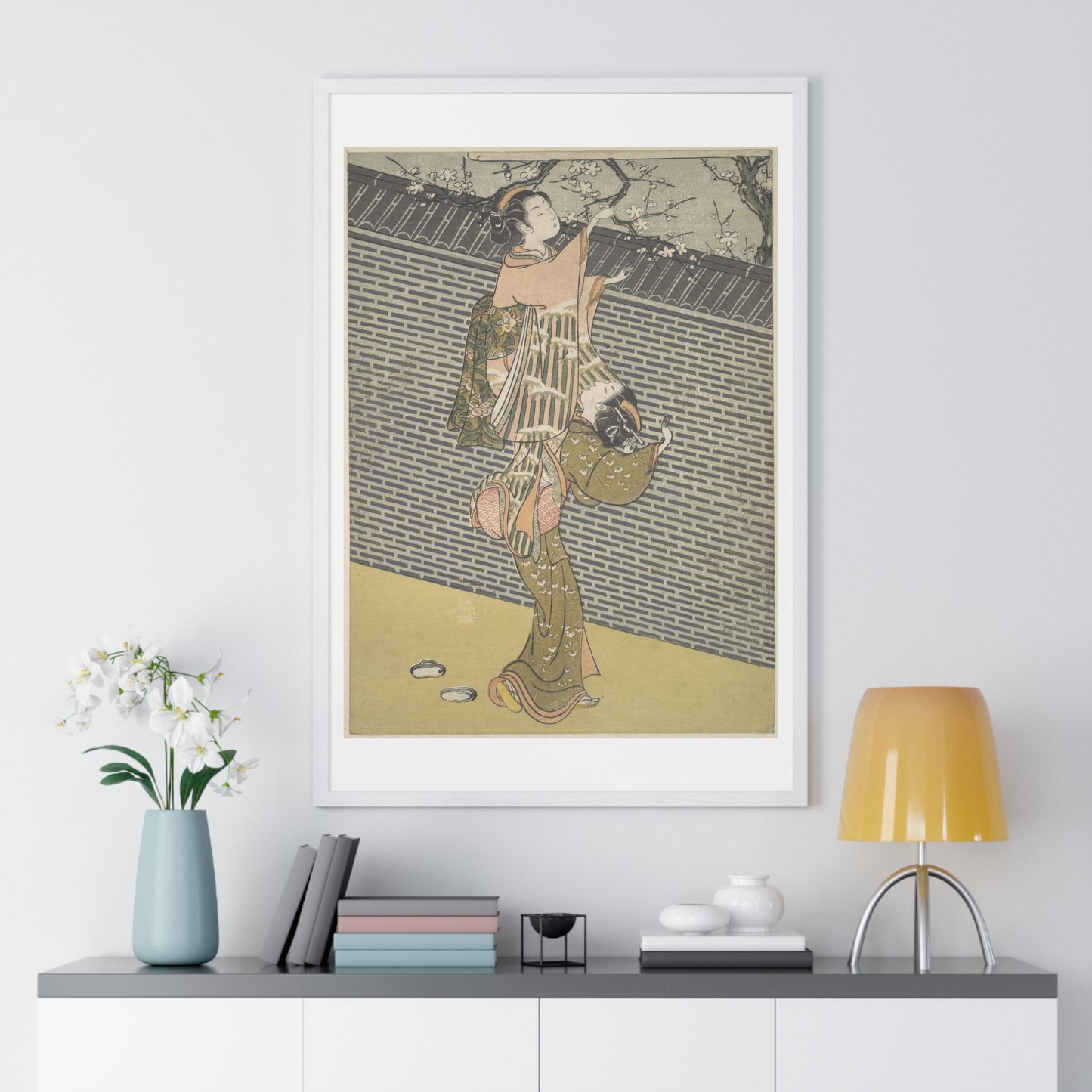 Plucking a Branch from a Neighbour's Plum Tree (1768) Japanese Illustration by Suzuki Harunobu, from the Original, Framed Print