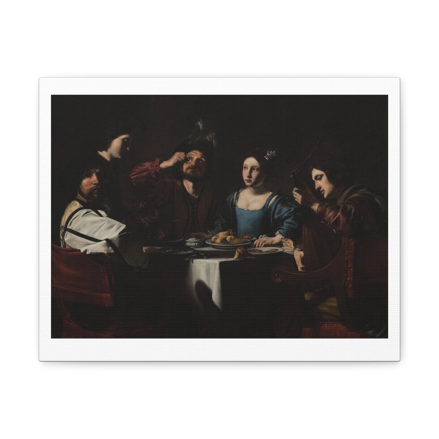 Banquet Scene with a Lute Player (1625) by Nicolas Tournier, from the Original on Satin Canvas