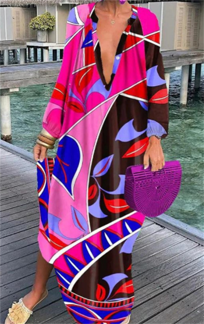 Bold Print Pullover Long Sleeve V-Neck Long Loose Dress, Spring and Summer Collection