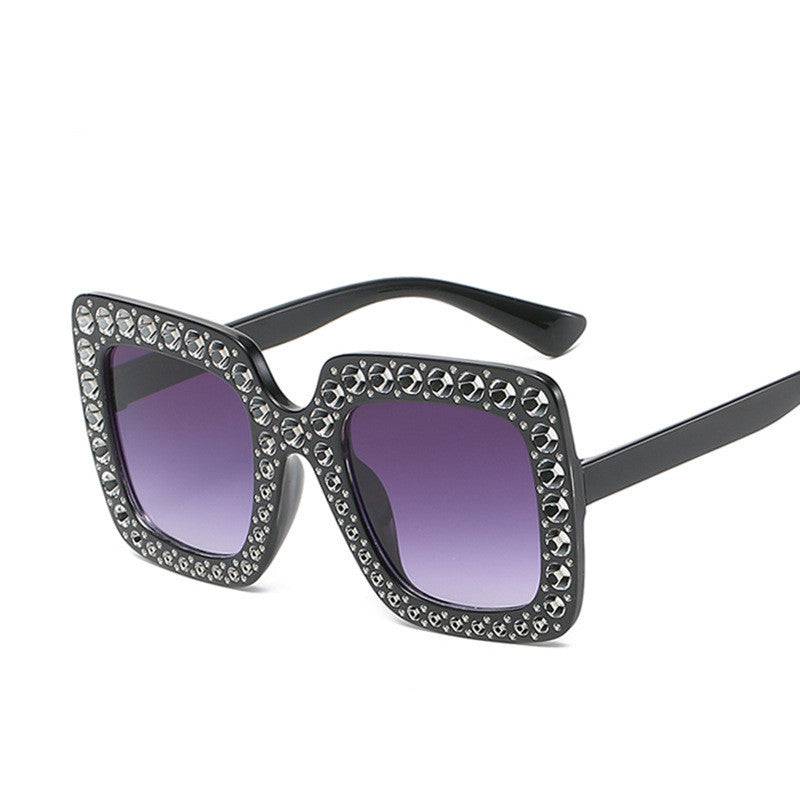 Large Square-Frame Avant Garde Sunglasses with Sparkling Rhinestones