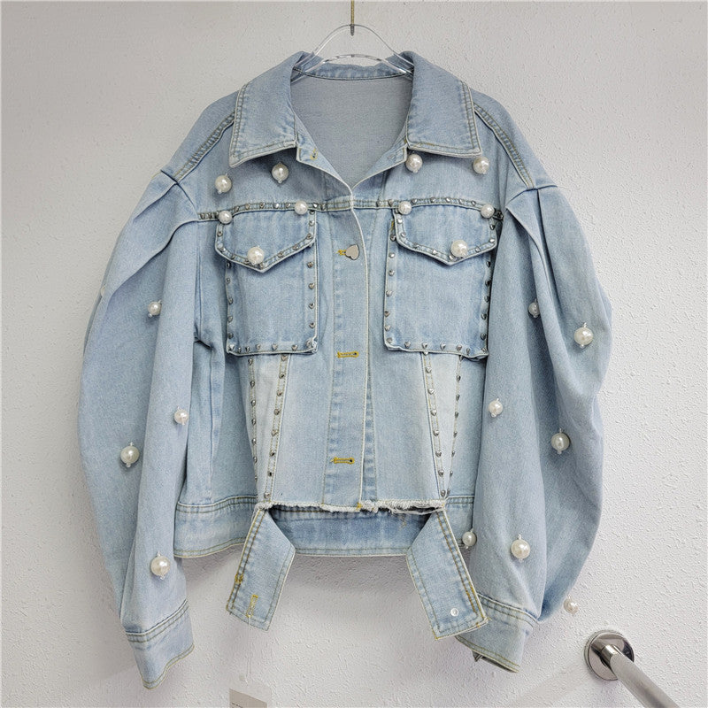 Vireous Fashion Pearl Encrusted Women's Denim Coat