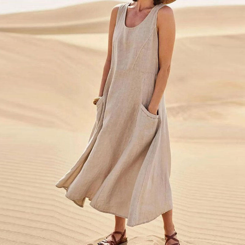 Summer Sleeveless Long Smock Dress with Pockets, Plus Sizes