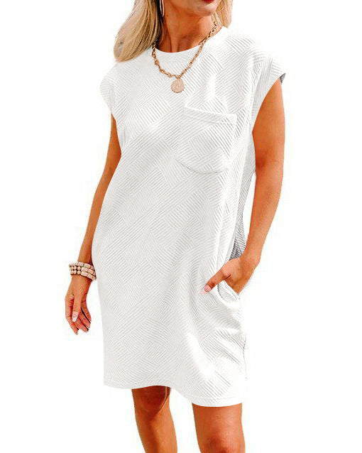 Vireous Round-Neck Short-Sleeve Dress with Pockets, Multi Colours