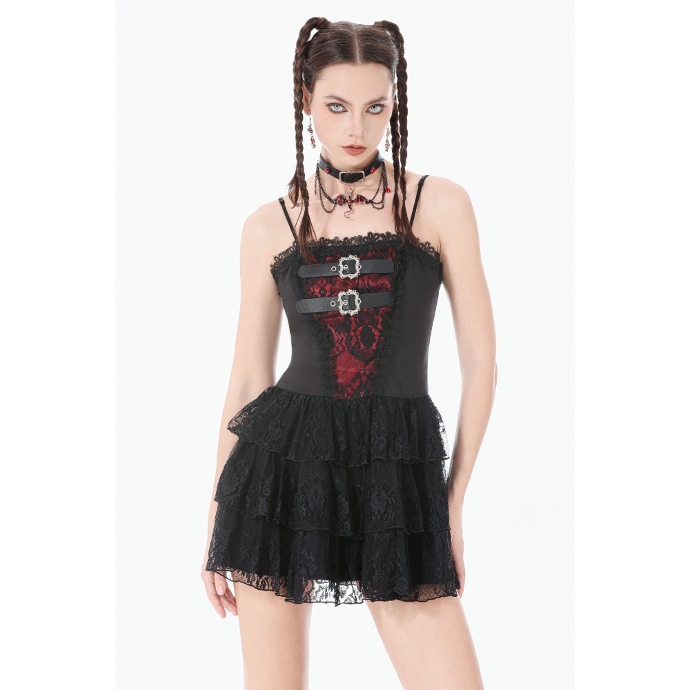 Dark in Love Crimson Shadow Layered-Lace Cake Dress