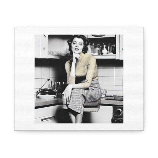 1960s Kitchen Sink Drama Woman Sitting On a Stool in the Kitchen 'Designed by AI' Art Print on Canvas