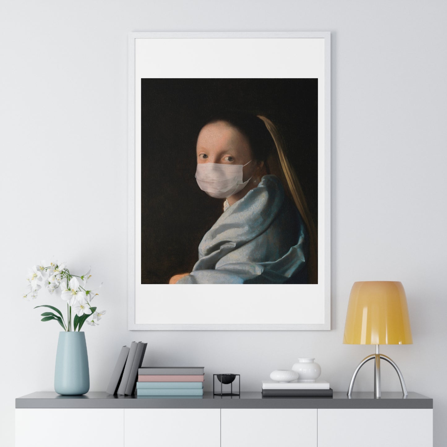 Johannes Vermeer's Young Woman Wearing a Face Mask During Coronavirus Pandemic, Remix, Framed Art Print