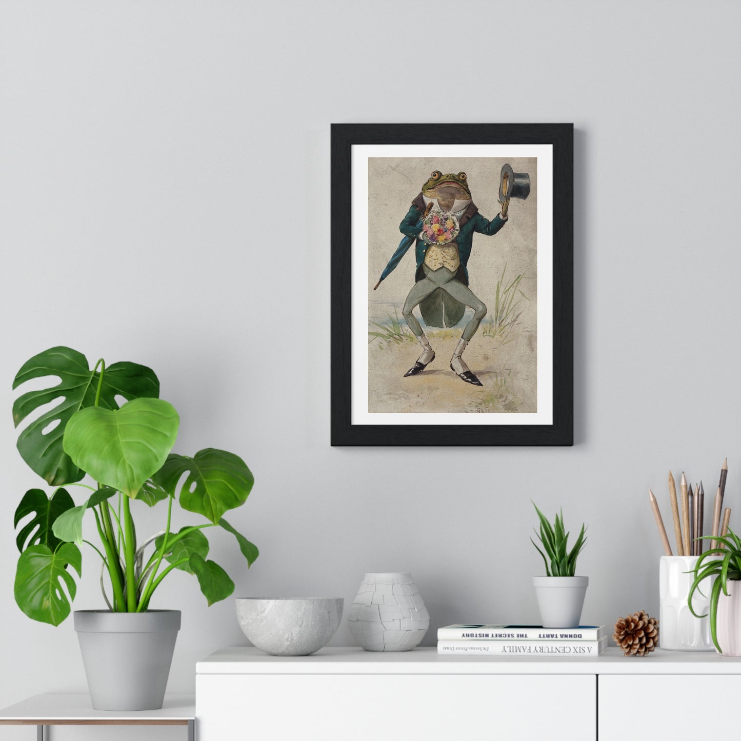 A Toad in Morning Dress, Holding an Umbrella and a Bunch of Flowers, by G Hope Tait (1900) from the Original, Framed Print