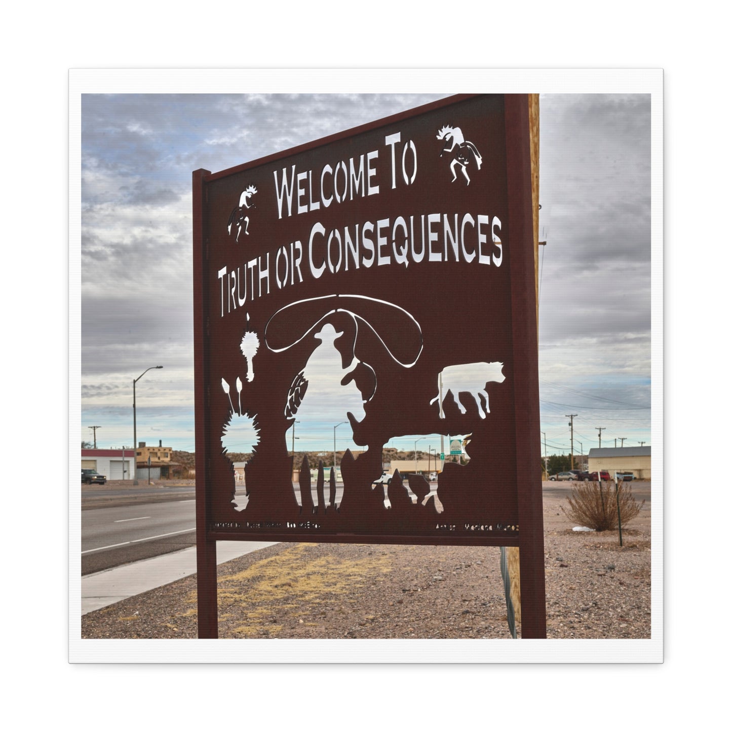 Silhouetted Welcome Sign on the Outskirts of Truth or Consequences, New Mexico, Print on Canvas