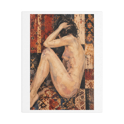 Textured Contemplative Figure Against Ornate Tapestry, Art Print on Satin Canvas, Stretched