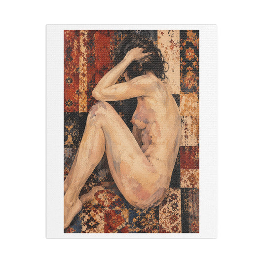 Textured Contemplative Figure Against Ornate Tapestry, Art Print on Satin Canvas, Stretched