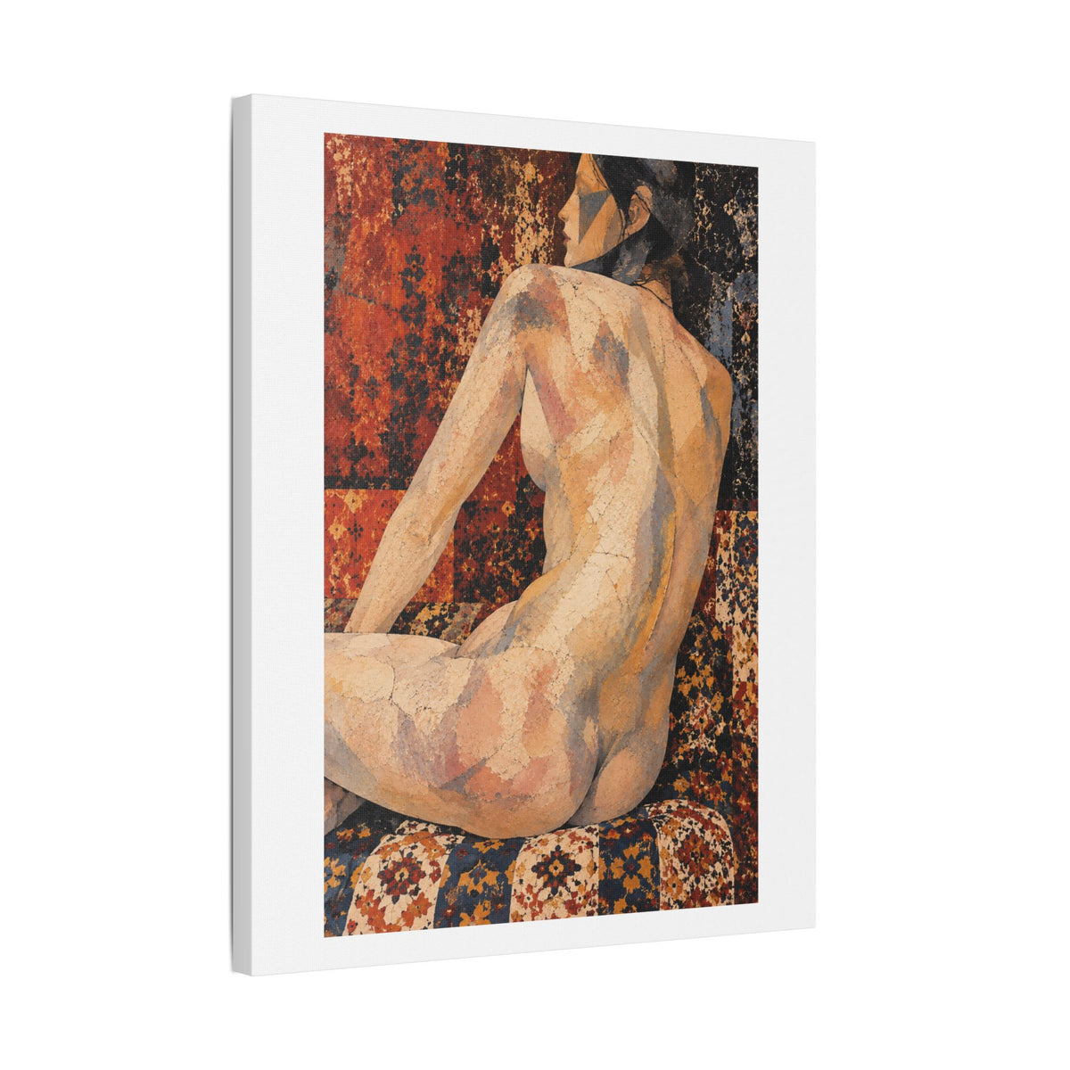 Abstract Mosaic Nude on Ornate Tapestry, Art Print on Satin Canvas, Stretched